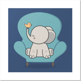 Kawaii Cute Elephant And Bird Posters and Art